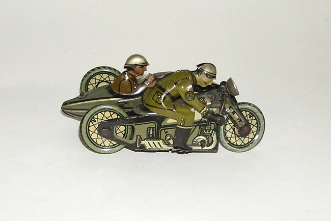 Tin Wind-up Clockwork German Army Motorcycle Sidecar Machine